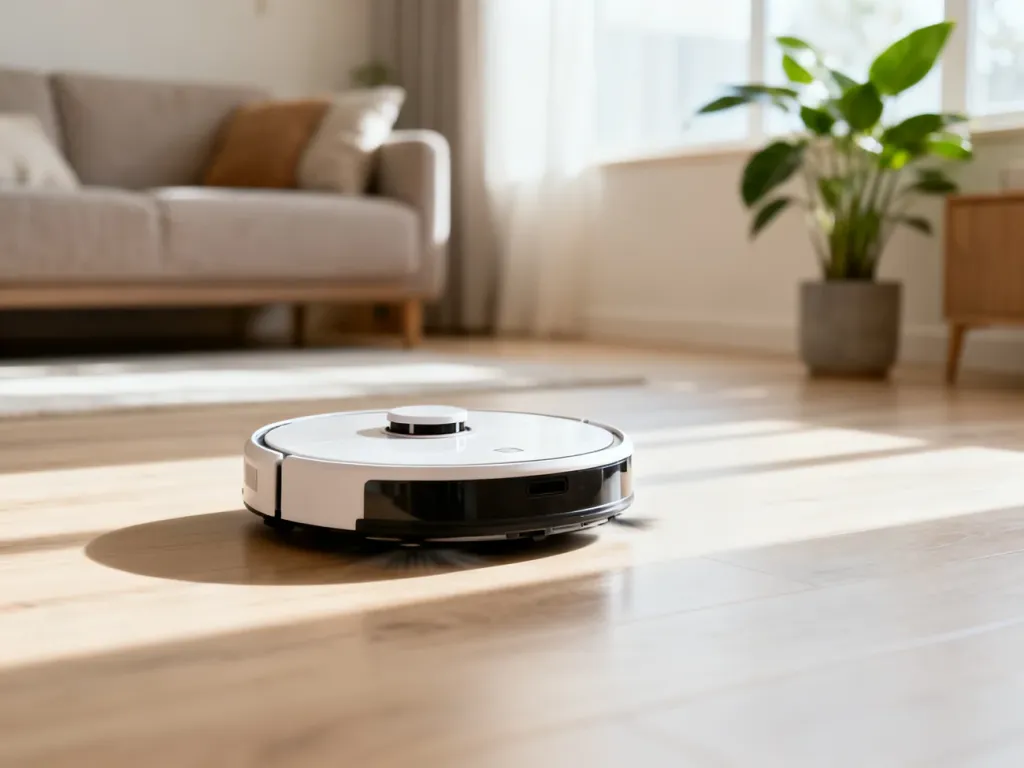 Nowoczesny robot sprzątający poruszający się po jasnej drewnianej podłodze w słonecznym, minimalistycznym salonie.