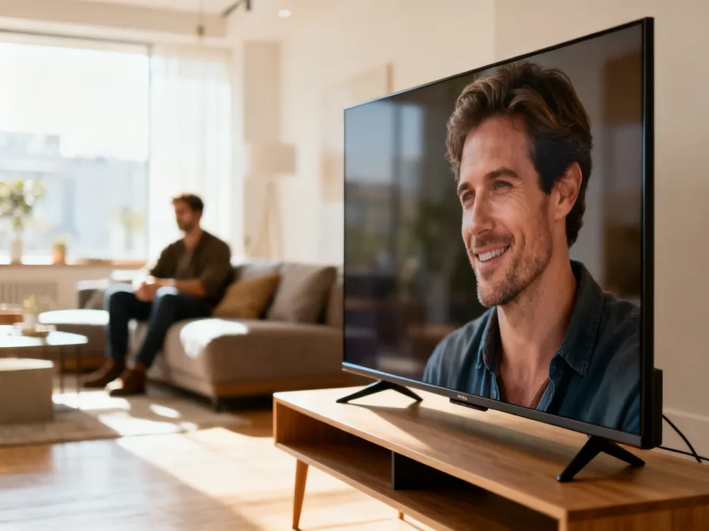 Nowoczesny telewizor 4K marki Hisense ustawiony na drewnianej podstawie w przytulnym, słonecznym salonie.