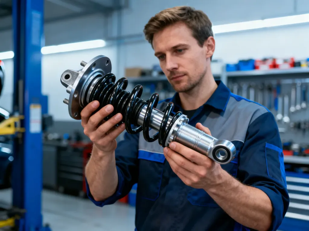 Mechanik w nowoczesnym warsztacie prezentuje wysokiej jakości część zawieszenia samochodowego marki Kamoka.