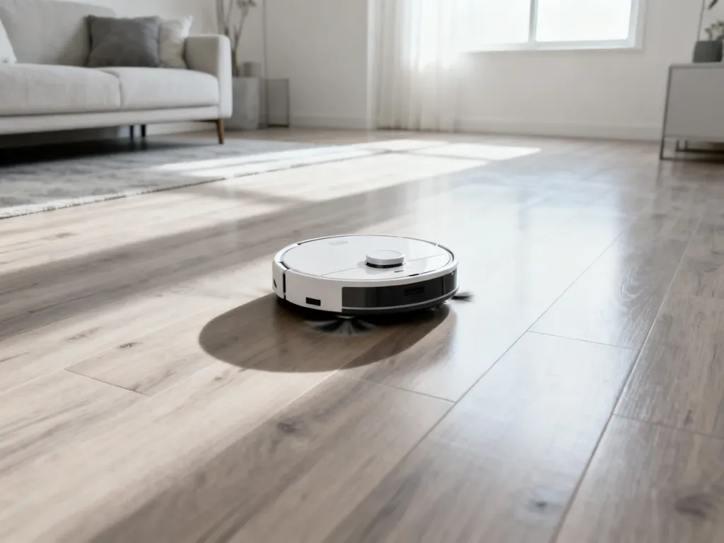 Nowoczesny robot sprzątający odkurzający jasną, drewnianą podłogę w minimalistycznym salonie.
